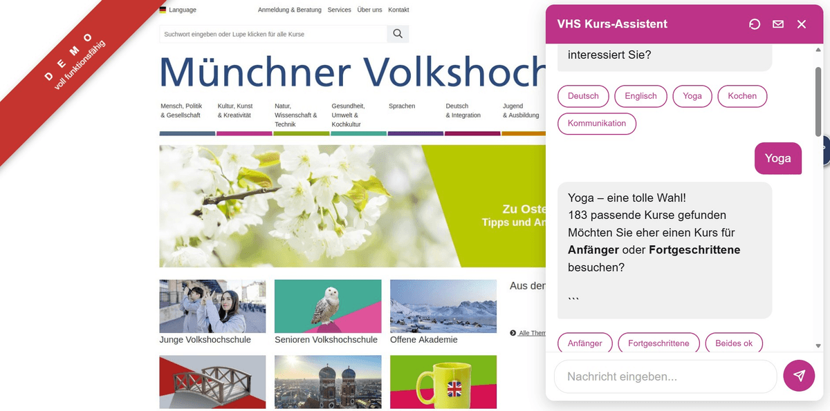 VHS SmartChat Live-Demo auf der Website der Münchner Volkshochschule