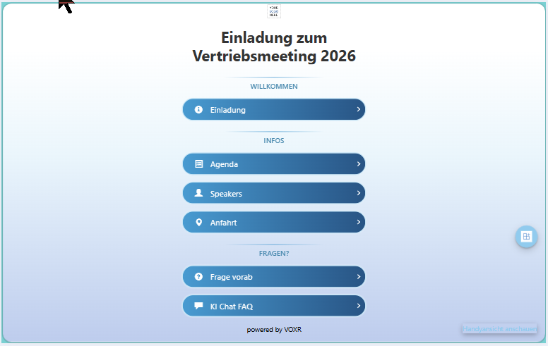 VOXR Einladungsseite auf dem Laptop