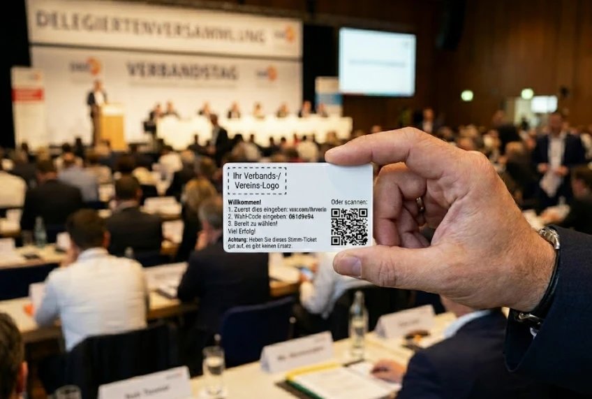 Hand hält ein VOXR Stimm-Ticket mit QR-Code und Wahl-Code auf einer Delegiertenversammlung